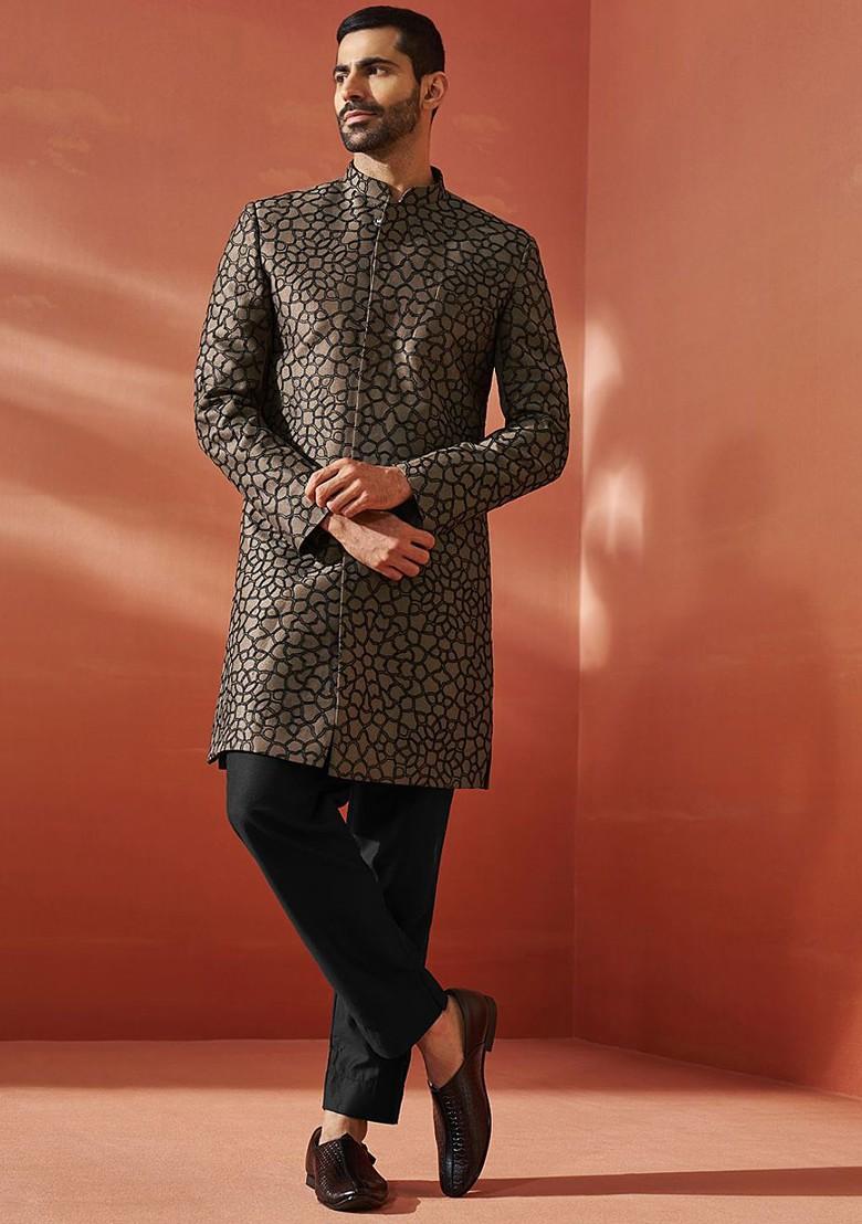 Coffee Brown Embroidered Poly Blend Indowestern Sherwani Set For Men