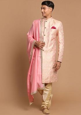 Pink Embellished Poly Blend Indowestern Sherwani Set For Men