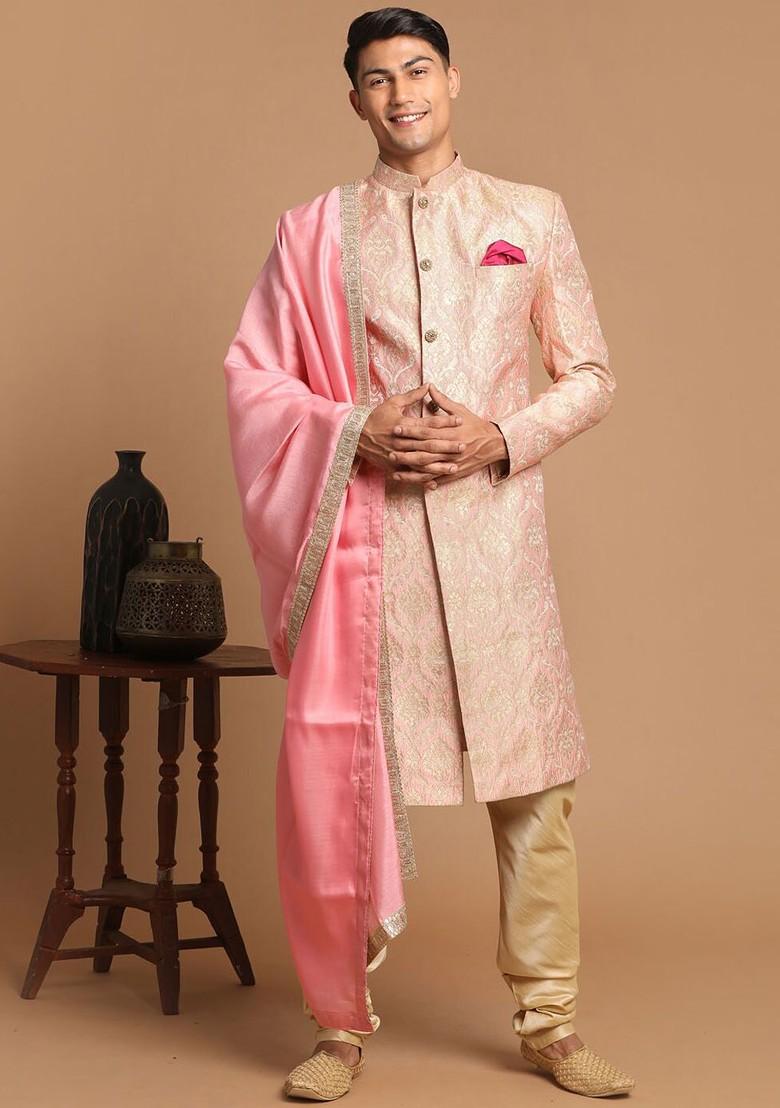 Pink Embellished Poly Blend Indowestern Sherwani Set For Men