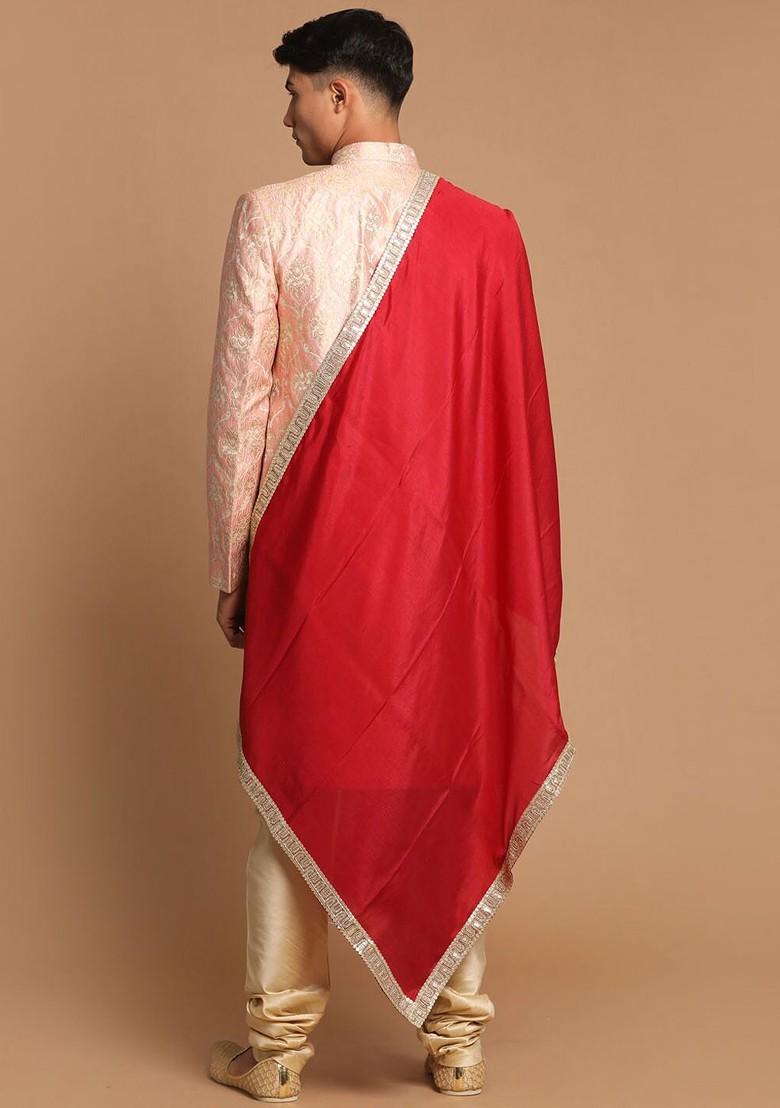 Pink Woven Poly Blend Indowestern Sherwani Set For Men