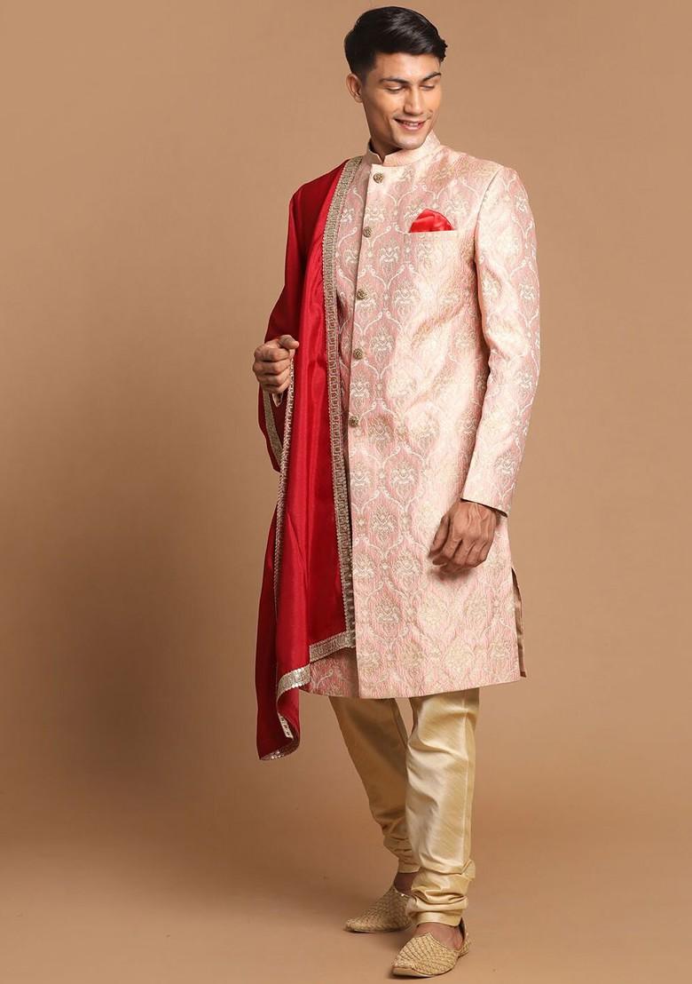 Pink Woven Poly Blend Indowestern Sherwani Set For Men