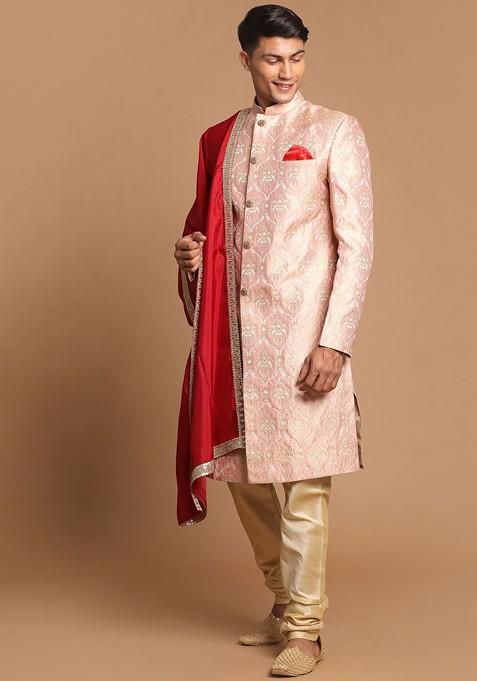 Pink Woven Poly Blend Indowestern Sherwani Set For Men