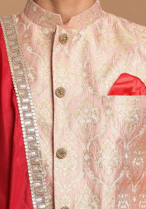 Pink Woven Poly Blend Indowestern Sherwani Set For Men