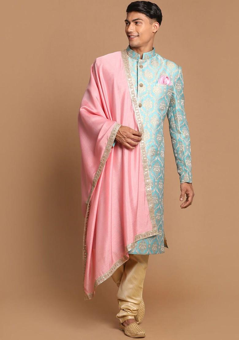 Blue Embellished Poly Blend Indowestern Sherwani Set For Men