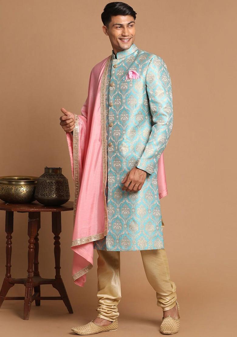 Blue Embellished Poly Blend Indowestern Sherwani Set For Men