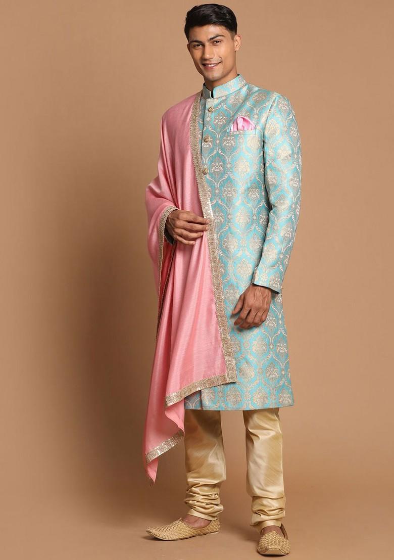 Blue Embellished Poly Blend Indowestern Sherwani Set For Men