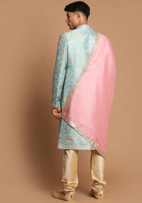 Blue Embellished Poly Blend Indowestern Sherwani Set For Men