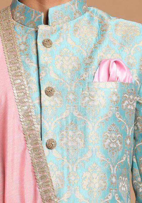 Blue Embellished Poly Blend Indowestern Sherwani Set For Men