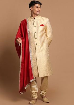 Red Woven Poly Blend Indowestern Sherwani Set For Men