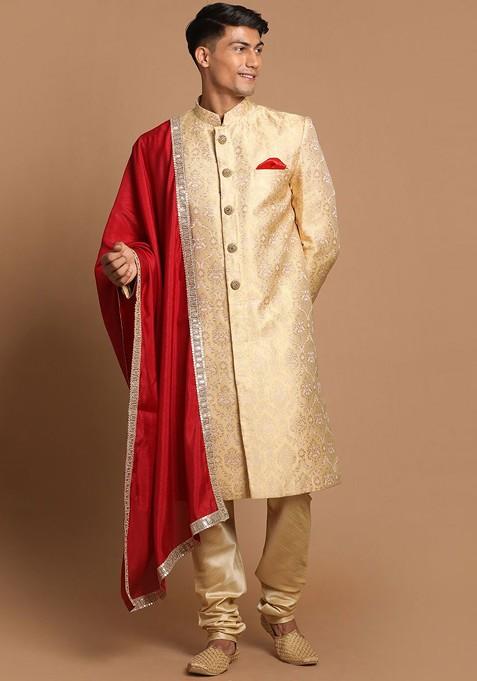 Red Woven Poly Blend Indowestern Sherwani Set For Men — view on Indya