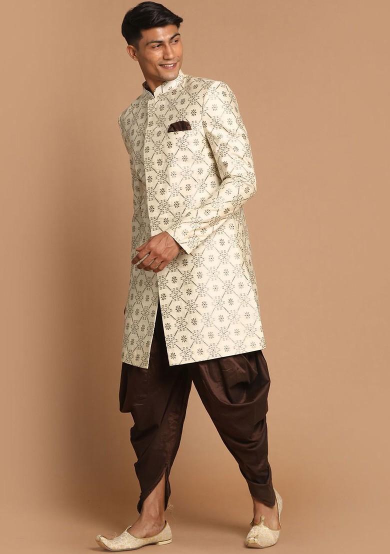 Beige Ethnic Motifs Poly Blend Indowestern Sherwani Set For Men