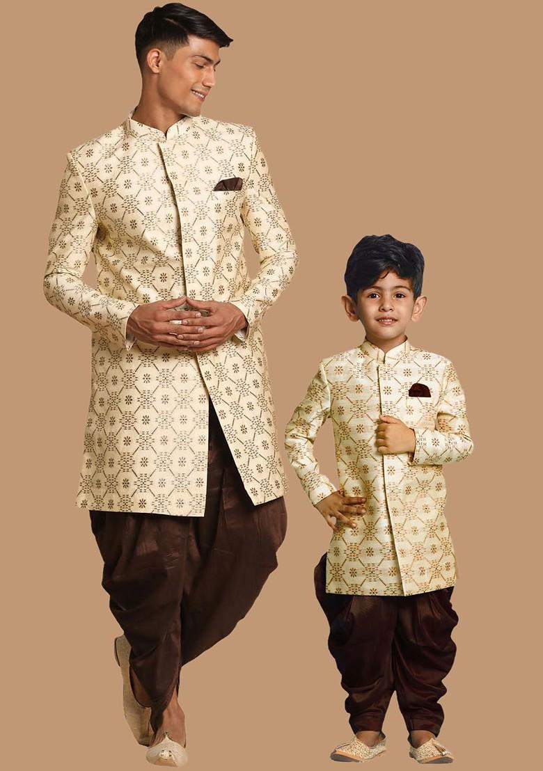 Beige Ethnic Motifs Poly Blend Indowestern Sherwani Set For Men