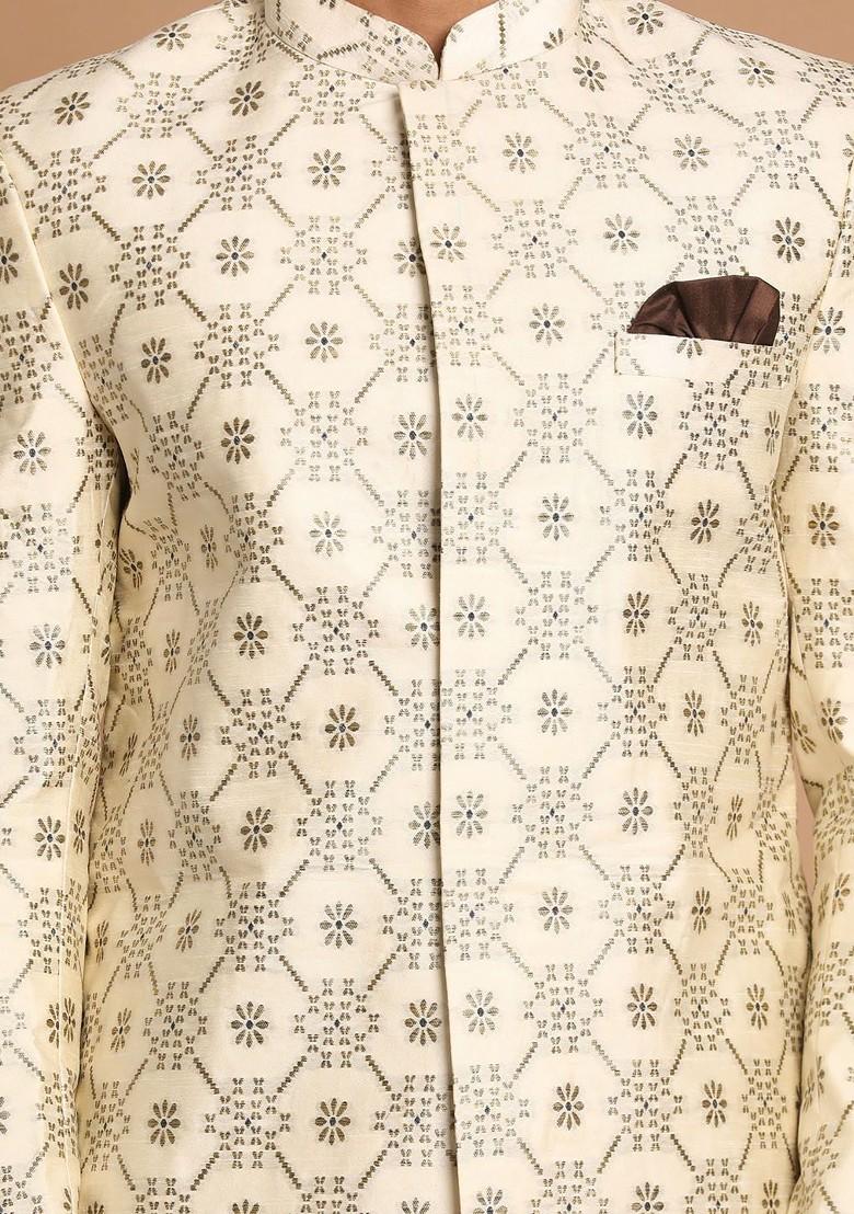 Beige Ethnic Motifs Poly Blend Indowestern Sherwani Set For Men