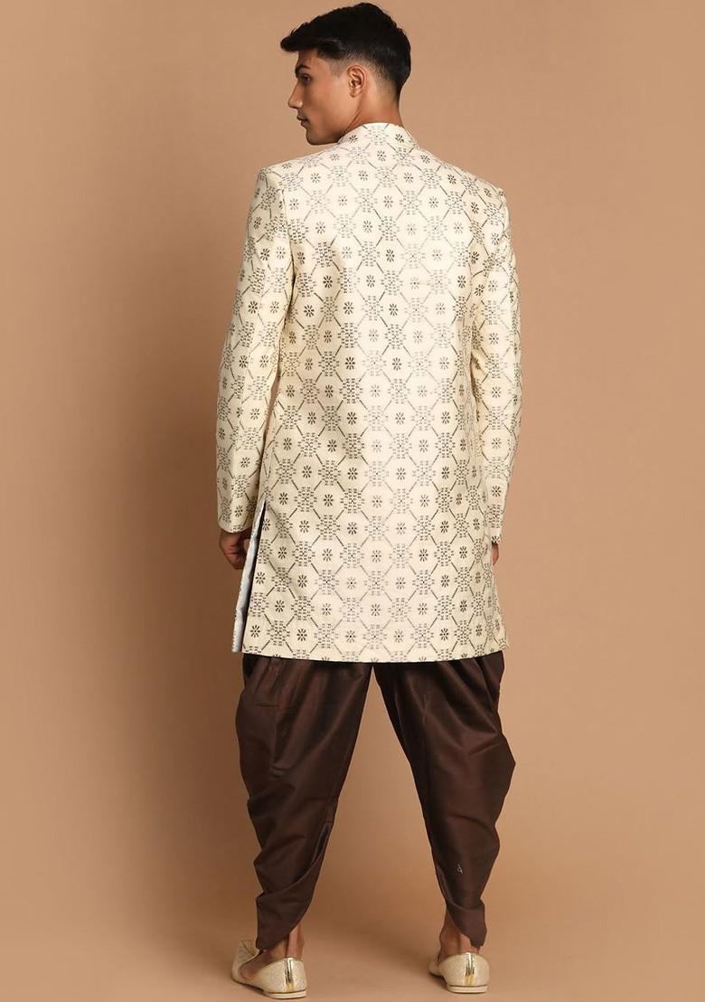 Beige Ethnic Motifs Poly Blend Indowestern Sherwani Set For Men