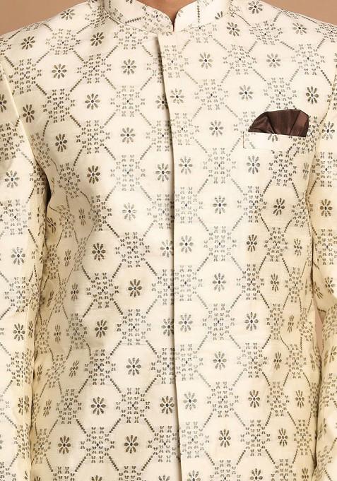 Beige Ethnic Motifs Poly Blend Indowestern Sherwani Set For Men