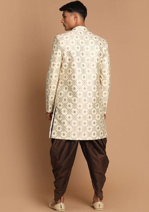 Beige Ethnic Motifs Poly Blend Indowestern Sherwani Set For Men