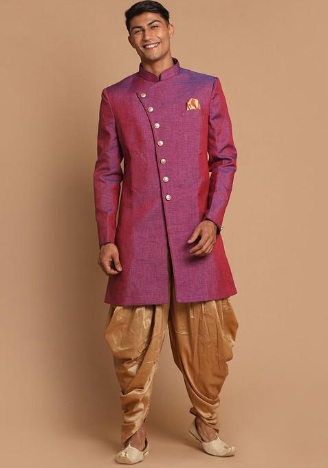 Magenta Solid Silk Indowestern Sherwani Set For Men