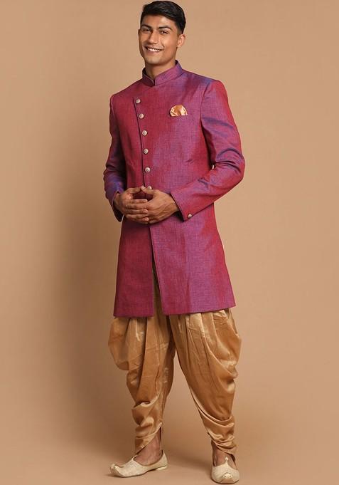 Magenta Solid Silk Indowestern Sherwani Set For Men