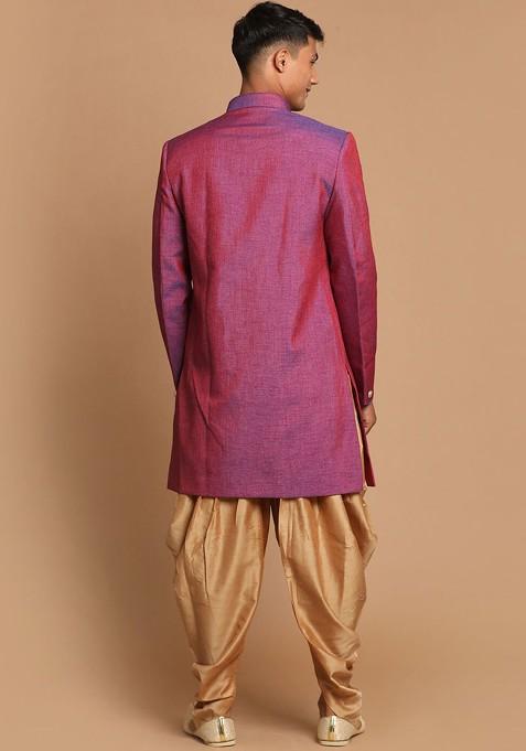 Magenta Solid Silk Indowestern Sherwani Set For Men