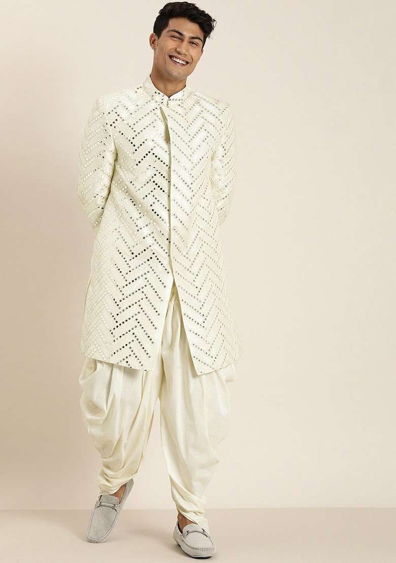 Cream Mirror Work Poly Blend Indowestern Sherwani Set For Men - Indya