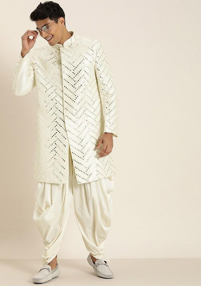 Cream Mirror Work Poly Blend Indowestern Sherwani Set For Men