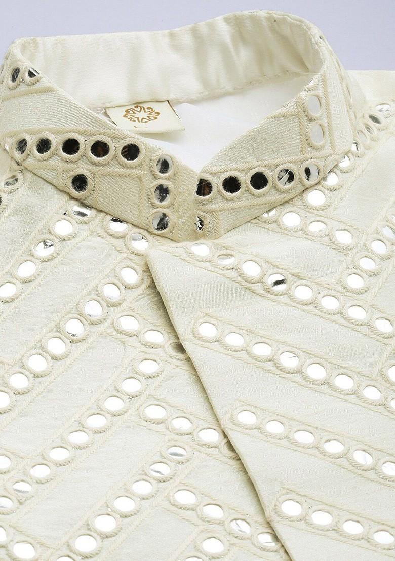 Cream Mirror Work Poly Blend Indowestern Sherwani Set For Men