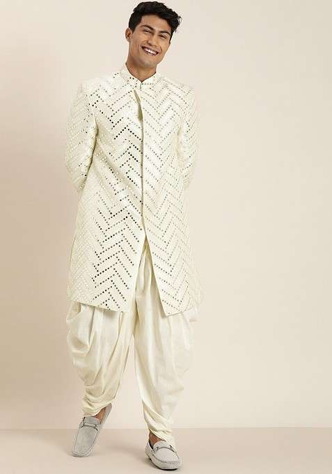 Cream Mirror Work Poly Blend Indowestern Sherwani Set For Men