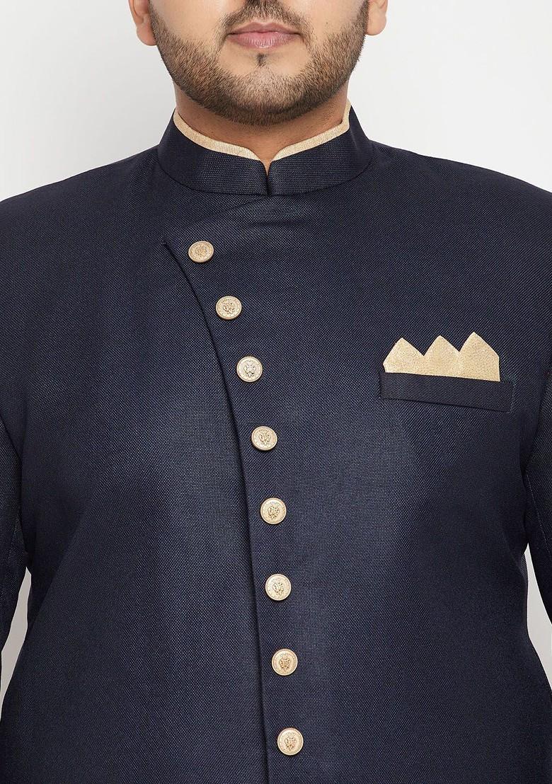 Navy Blue Solid Poly Blend Indowestern Sherwani Set For Men