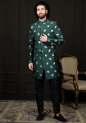 Green Embellished Poly Blend Indowestern Sherwani Set For Men