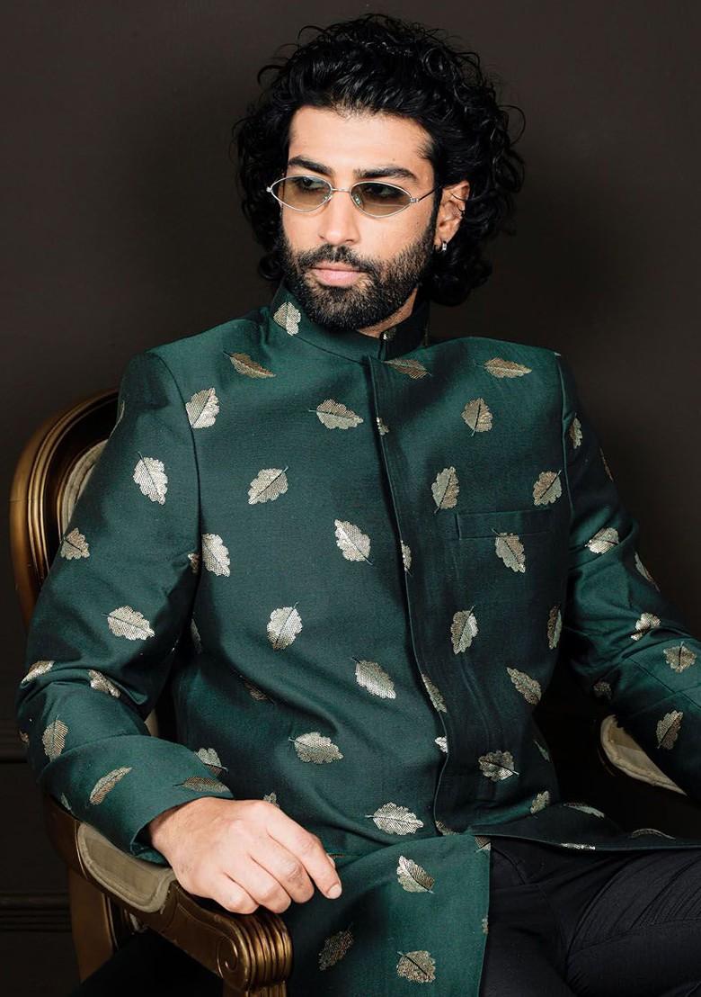 Green Embellished Poly Blend Indowestern Sherwani Set For Men