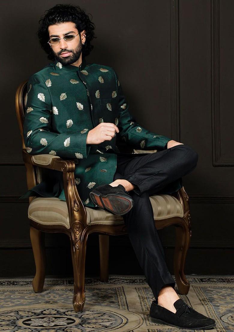 Green Embellished Poly Blend Indowestern Sherwani Set For Men
