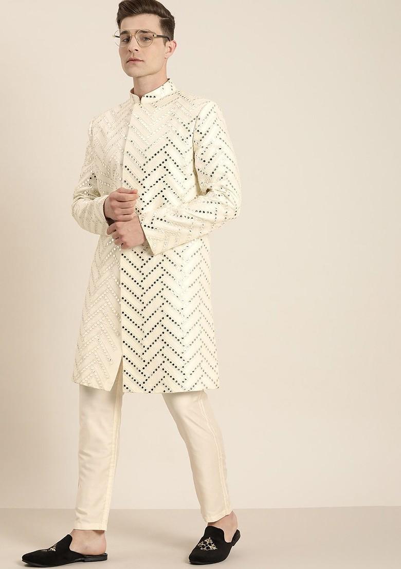 Cream Mirror Work Poly Blend Indowestern Sherwani Set For Men