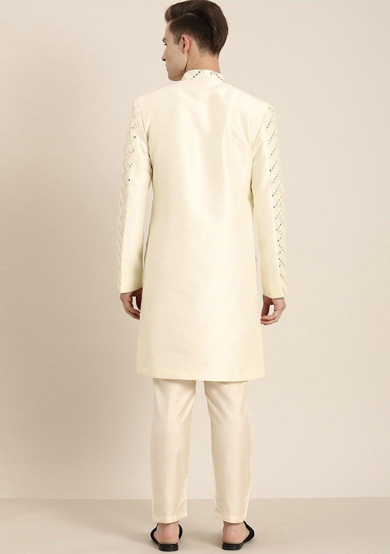 Cream Mirror Work Poly Blend Indowestern Sherwani Set For Men