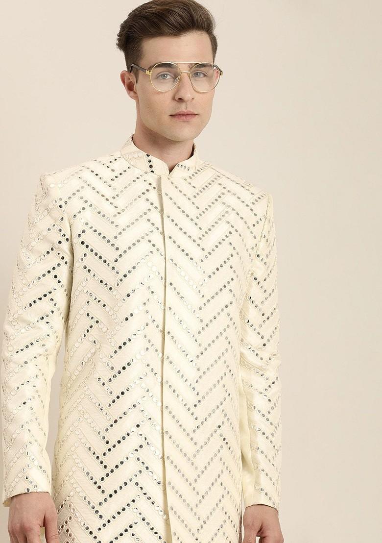 Cream Mirror Work Poly Blend Indowestern Sherwani Set For Men