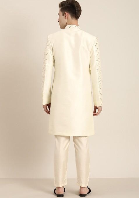 Cream Mirror Work Poly Blend Indowestern Sherwani Set For Men