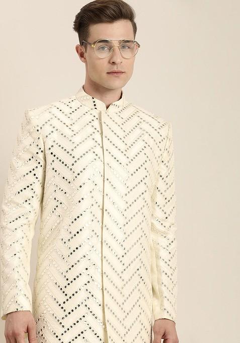 Cream Mirror Work Poly Blend Indowestern Sherwani Set For Men
