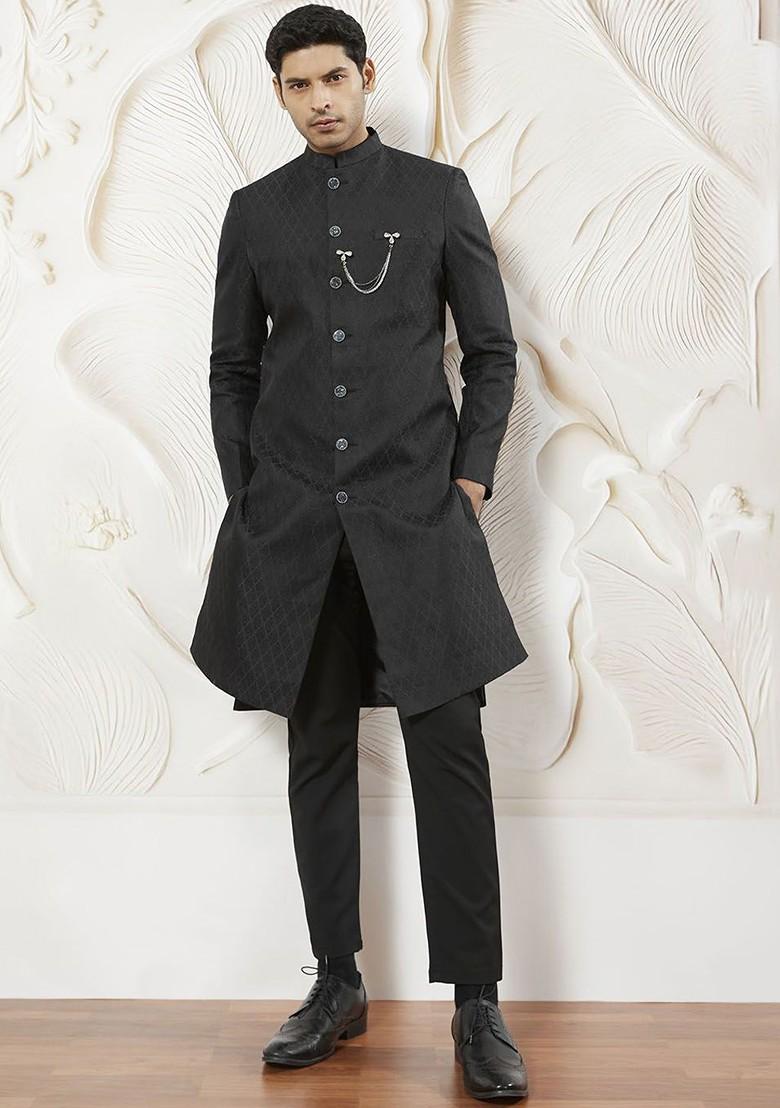 Black Solid Poly Blend Indowestern Sherwani Set For Men