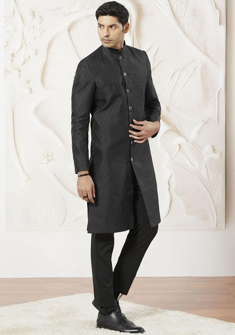 Black Solid Poly Blend Indowestern Sherwani Set For Men