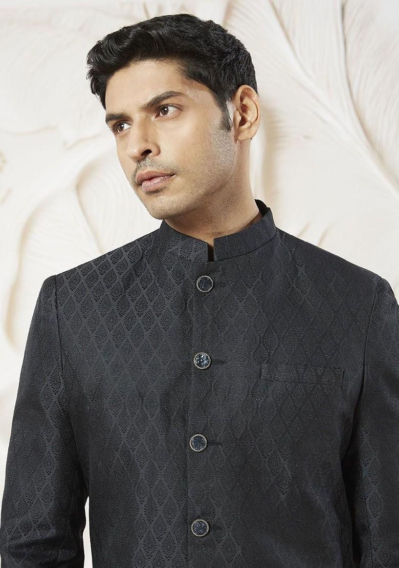 Black Solid Poly Blend Indowestern Sherwani Set For Men