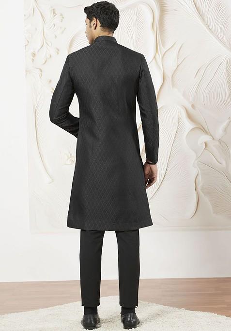 Black Solid Poly Blend Indowestern Sherwani Set For Men