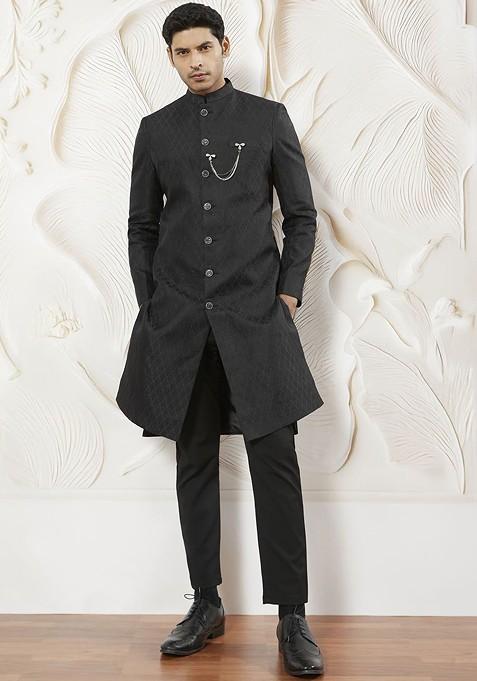 Black Solid Poly Blend Indowestern Sherwani Set For Men