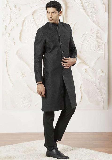 Black Solid Poly Blend Indowestern Sherwani Set For Men