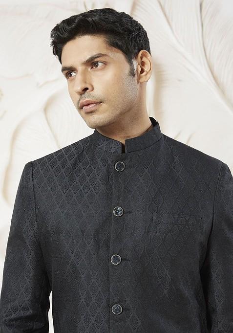 Black Solid Poly Blend Indowestern Sherwani Set For Men