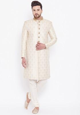 Cream Woven Poly Blend Indowestern Sherwani Set For Men