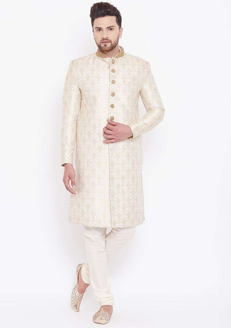 Cream Woven Poly Blend Indowestern Sherwani Set For Men - Indya