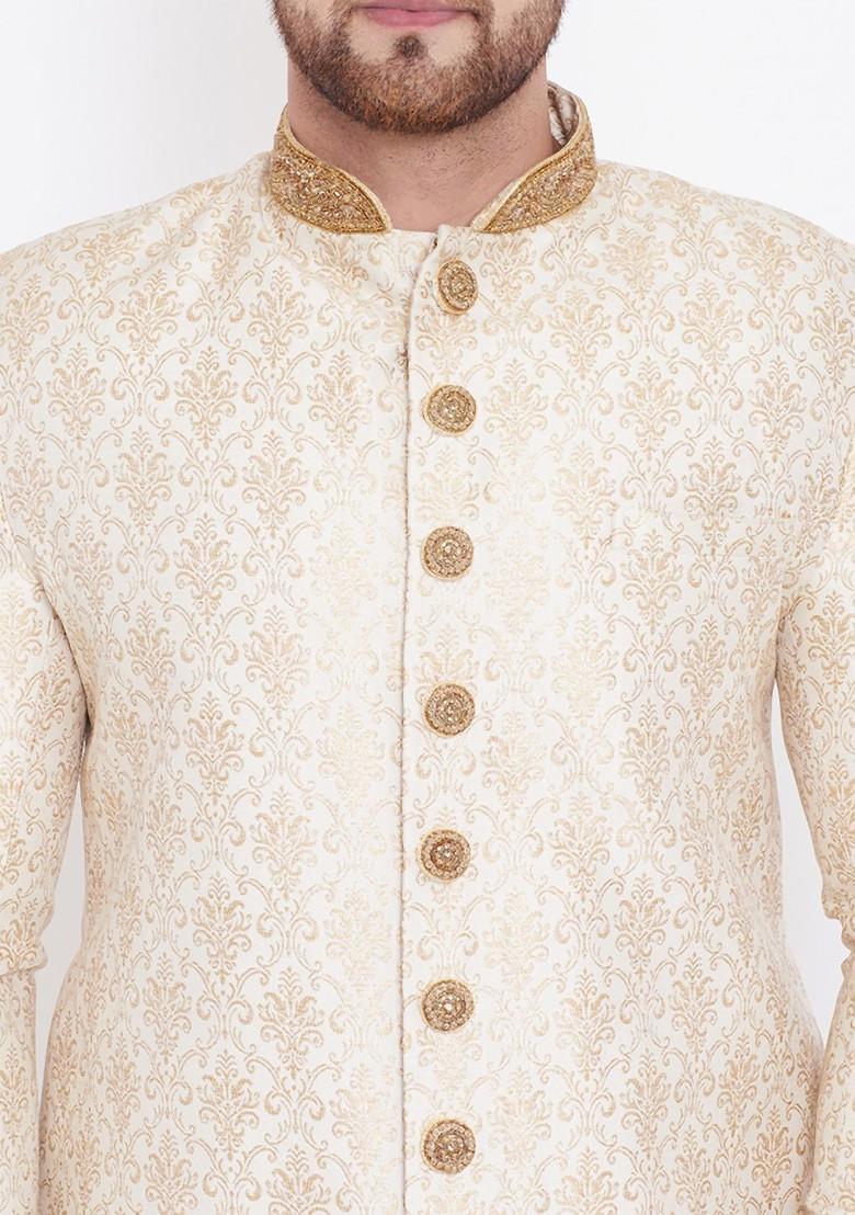 Cream Woven Poly Blend Indowestern Sherwani Set For Men