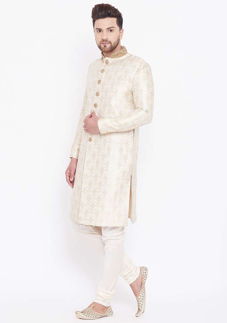 Cream Woven Poly Blend Indowestern Sherwani Set For Men - Indya