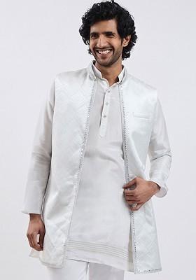 White Sequin Work Poly Blend Indowestern Sherwani Set For Men