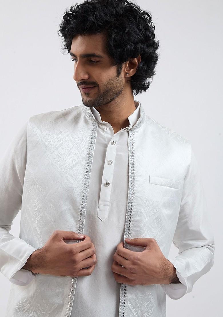 White Sequin Work Poly Blend Indowestern Sherwani Set For Men