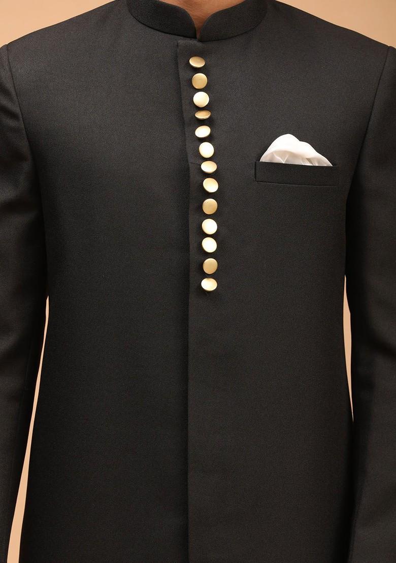 Black Solid Poly Blend Indowestern Sherwani Set For Men